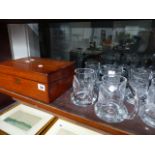 A VICTORIAN WRITING BOX AND COMMEMORATIVE TANKARDS.
