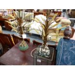 A PAIR OF WHEATSHEAF TABLE LAMPS AND A LANTERN.