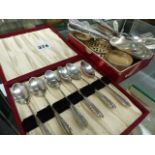 A CASED SET OF HALLMARKED SILVER COFFEE SPOONS, SILVER NAPKIN RINGS, CUTLERY,ETC.