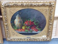 G.RUPERT. 19th./20th.C.CONTINENTAL SCHOOL. A TABLE TOP STILL LIFE OF FRUIT, SIGNED OVAL OIL ON