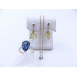 A 10ct YELLOW GOLD DIAMOND PENDANT, A PAIR OF 9ct GOLD CHECKERBOARD PEAR CUT GEMSTONE EARRINGS AND A