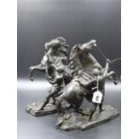 A PAIR OF LATE 19th./EARLY 20th.C. MARLEY HORSE FIGURES OF REARING STALLIONS ON PLINTH BASES. H.