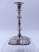 A SILVER GEORGE II STYLE TAPER STICK WITH DETACHABLE SCONCE, DATED 1895 LONDON, FOR THOMAS