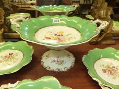 A VICTORIAN APPLE GREEN PART DESSERT SERVICE, THE CENTRE RESERVES PAINTED WITH SPRAYS OF WILD