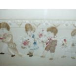 A FRAMED EDWARDIAN LINEN AND SILKWORK PANEL OF FIVE CHILDREN WITHIN A FLORAL SCROLLWORK. 41 x