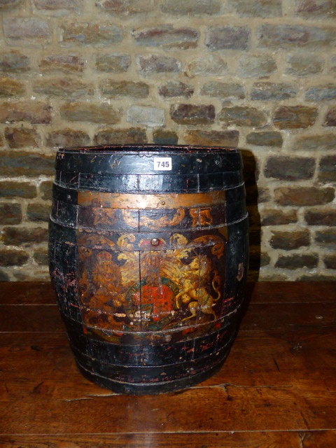 A 19th.C.COOPERED BARREL WITH PERIOD PAINTED ROYAL ARMORIAL. H.53cms.