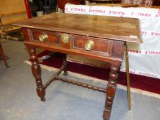 A 17th.C.AND LATER OAK SIDE TABLE ON BOBBIN TURNED SUPPORTS AND STRETCHERS AND SINGLE FRIEZE DRAWER.