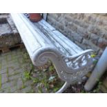 A 19th.C.GARDEN BENCH WITH CAST IRON SCROLL SUPPORTS. W.196cms.