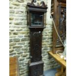 AN OAK CASED 8-DAY LONGCASE CLOCK WITH 12" BRASS DIAL AND SILVERED CHAPTER RING SIGNED ISAAC HADMEN,