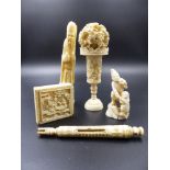 A GROUP OF FIVE JAPANESE AND CHINESE CARVED IVORY AND BONE ARTICLES TO INCLUDE A PUZZLE BALL ON