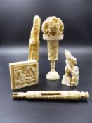 A GROUP OF FIVE JAPANESE AND CHINESE CARVED IVORY AND BONE ARTICLES TO INCLUDE A PUZZLE BALL ON