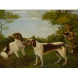 19th.C.ENGLISH NAIVE SCHOOL. TWO DOGS IN A WOODED LANDSCAPE, OIL ON CANVAS IN MAPLE FRAME. 43 x