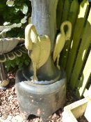 A LARGE HEAVY CAST IRON BLACK AND GILT DECORATED GARDEN FOUNTAIN.