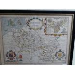 MAP: JOHN SPEEDE. TWO EARLY HAND COLOURED MAPS, DENBIGHSHIRE AND GLOUCESTERSHIRE, FRAMED AND