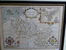 MAP: JOHN SPEEDE. TWO EARLY HAND COLOURED MAPS, DENBIGHSHIRE AND GLOUCESTERSHIRE, FRAMED AND