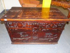 AN 18th.C.A D LATER CEDARWOOD BLANKET CHEST WITH CARVED AND POKERWORK DECORATION. W.102cms.