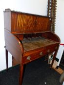 AN EARLY 19th.C.SATINWOOD AND EBONY LINE INLAID TAMBOUR CYLINDER TOP BUREAU DESK WITH PULL OUT