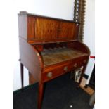 AN EARLY 19th.C.SATINWOOD AND EBONY LINE INLAID TAMBOUR CYLINDER TOP BUREAU DESK WITH PULL OUT