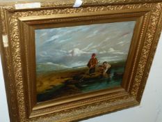 19th.C.ENGLISH SCHOOL. A SEASCAPE WITH THREE BOYS BY A ROCKPOOL, OIL ON CANVAS. 25.5 x 30.5cms.