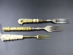 TWO EARLY FRENCH IVORY, SILVER AND ENAMEL PIQUE INLAID FORK HANDLES WITH LATER 19th.C.TINES TOGETHER
