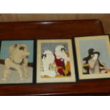 THREE WATERCOLOURS OF JAPANESE FIGURES, MOUNTED UNDER GLASS BUT UNFRAMED. LARGEST. 27 x 19cms.