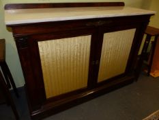 A WM.IV.ROSEWOOD CHIFFONIER SIDE CABINET WITH MARBLE TOP AND PLEATED SILK DOOR PANELS. W.133 x H.