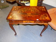 AN ANTIQUE MARQUETRY INLAID CENTRRE TABLE ON CABRIOLE LEGS, END DRAWER AND OPPOSING PULL OUT