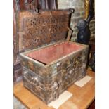 AN 18th.C.IRON ARMADA CHEST WITH ORIGINAL PAINTED DECORATION AND ELABORATE LOCK TO THE LID. W.