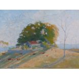 A.CURTIS EARLY 20th.C.. A HILLTOP FARM/RANCH, SIGNED OIL ON CANVAS. 27.5 x 33.5cms.