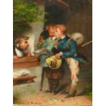 MID 19th.C.CONTINENTAL SCHOOL. THE CONSULTANT, SIGNED INDISTINCTLY, OIL ON BOARD. 31 x 23cms.
