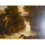MID 19th.C.ENGLISH SCHOOL. A RUSTIC MILL BY A RIVER, OIL ON CANVAS. 52 x 77cms.