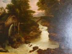 MID 19th.C.ENGLISH SCHOOL. A RUSTIC MILL BY A RIVER, OIL ON CANVAS. 52 x 77cms.