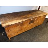 A 17th.C.ELM PLANK COFFER WITH SCRATCH CARVED DECORATION. W.106cms.