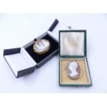 A PORTRAIT CAMEO BROOCH FACING LEFT POSSIBLY OF QUEEN VICTORIA IN A FLUTED YELLOW METAL SETTING,