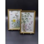 A PAIR OF CHINESE FAMILLE ROSE PLAQUES DECORATED WITH BIRDS AMIDST BLOSSOM, SIGNED WITH SEAL AND