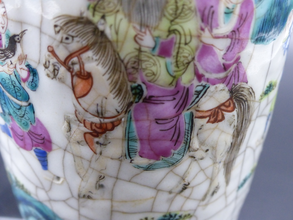 A PAIR OF CHINESE FAMILLE ROSE WARRIOR DECORATED CRACKLE GLAZE VASES WITH APPLIED DRAGON COLLARS AND - Image 10 of 48