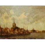 19th/20th.C.CONTINENTAL SCHOOL. TOWN WITH BOATS ON A RIVER INDISTINCTLY SIGNED, OIL ON CANVAS.