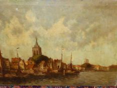 19th/20th.C.CONTINENTAL SCHOOL. TOWN WITH BOATS ON A RIVER INDISTINCTLY SIGNED, OIL ON CANVAS.