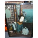 A CHINESE REVERSE PAINTING ON GLASS OF A YOUNG WOMAN WITH HER CAT IN A CARVED HARDWOOD FRAME..