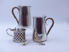 A PAIR OF SILVER BAMBOO HANDLED CREAM POTS DATED 1907 BIRMINGHAM FOR WILLIAM DEVENPORT TOGETHER WITH