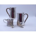 A PAIR OF SILVER BAMBOO HANDLED CREAM POTS DATED 1907 BIRMINGHAM FOR WILLIAM DEVENPORT TOGETHER WITH