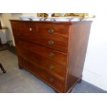 AN EARLY 19th.C.MAHOGANY AND BOXWOOD STRUNG SECRETAIRE CHEST WITH FALL FRONT UPPER DRAWER AND WELL