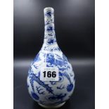 AN ORIENTAL BLUE AND WHITE BOTTLE FORM VASE DECORATED WITH A WRITHING DRAGON, CHARACTER MARK TO