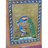 TWO INDO PERSIAN ILLUMINATED MINIATURES OF PEACOCKS, EACH BRIGHTLY COLOURED ON GOLD BACKGROUNDS.