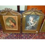 TWO COLOUR PRINTS OF LADIES MOUNTED IN FRENCH ARCH TOP NEO CLASSICAL STYLE FRAMES. OVERALL 56 x