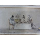 EARLY 19th.C.FRENCH SCHOOL. A COMIC AFTERNOON TEA, INSCRIBED AND DATED 1827, WATERCOLOUR. 7 x 18.
