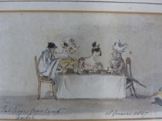 EARLY 19th.C.FRENCH SCHOOL. A COMIC AFTERNOON TEA, INSCRIBED AND DATED 1827, WATERCOLOUR. 7 x 18.