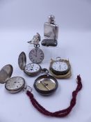 A SELECTION OF SILVER POCKET WATCHES, A PAIR CASE, VESTA CASES, SOVEREIGN HOLDER ETC ALL COMPLETE