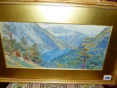 TRISTRAM ELLIS. (1844-1922) A CONTINENTAL MOUNTAIN LAKE SCENE SIGNED WATERCOLOUR. 17.5 x 38cms.