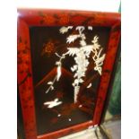 A JAPANESE LACQUER PANEL WITH BONE AND IVORY INLAY OF WISTERIA, BIRDS AND INSECTS. OVERALL 72 x